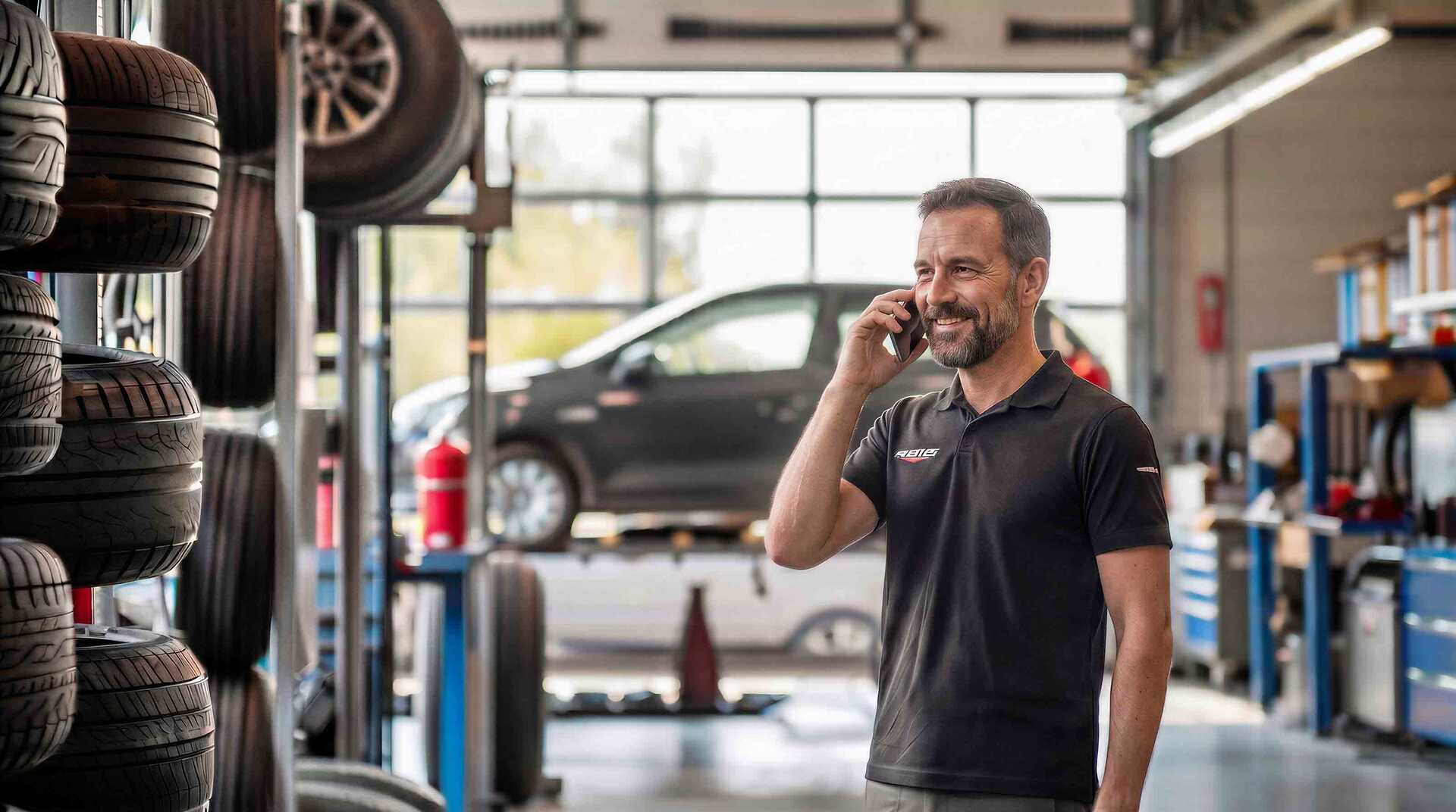 Lächelnder Kfz-Mitarbeiter in schwarzem Poloshirt telefoniert mit einem Smartphone neben einem Reifenregal in einer modernen Autowerkstatt.