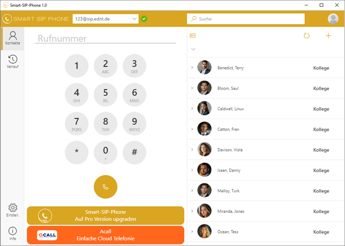 Screenshot der Smart-SIP-Phone-Oberfläche mit Wähltastatur, Kontaktliste mit Kollegenfotos und SIP-Kontoanzeige – Desktop-Softphone-Anwendung von acall.