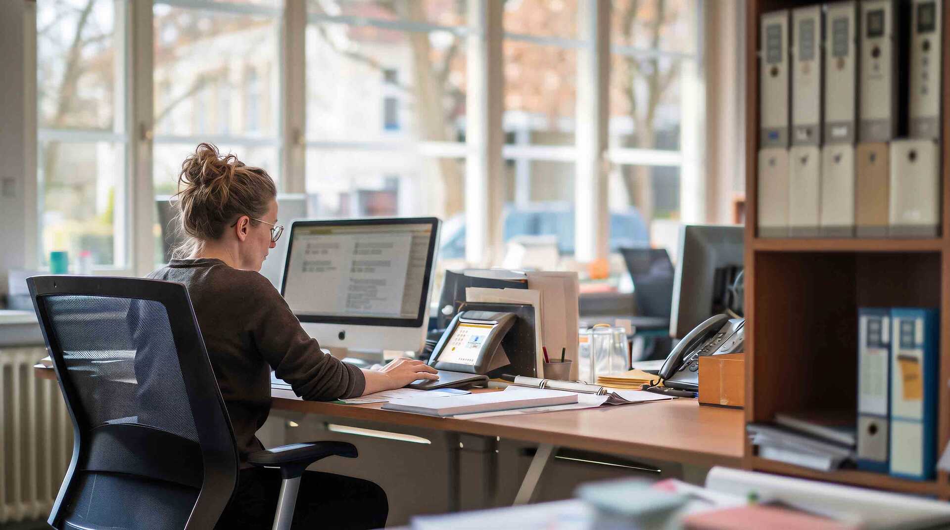 Sachbearbeiterin arbeitet an einem Desktop-Computer in einem hellen Büro mit IP-Telefon, Tablet und Aktenordnern im Hintergrund.
