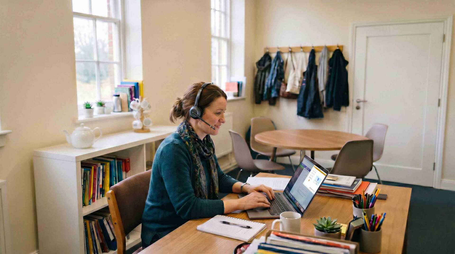 Lehrerin mit Headset arbeitet lächelnd an einem Laptop in einem hellen Klassenzimmer mit Büchern, Notizbüchern und Schulmaterialien auf dem Tisch.