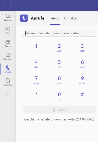 Screenshot der Microsoft-Teams-Oberfläche mit geöffneter Anruf-Wähltastatur und hinterlegter Geschäftstelefonnummer – Festnetzintegration über acall Direct Routing Gateway.