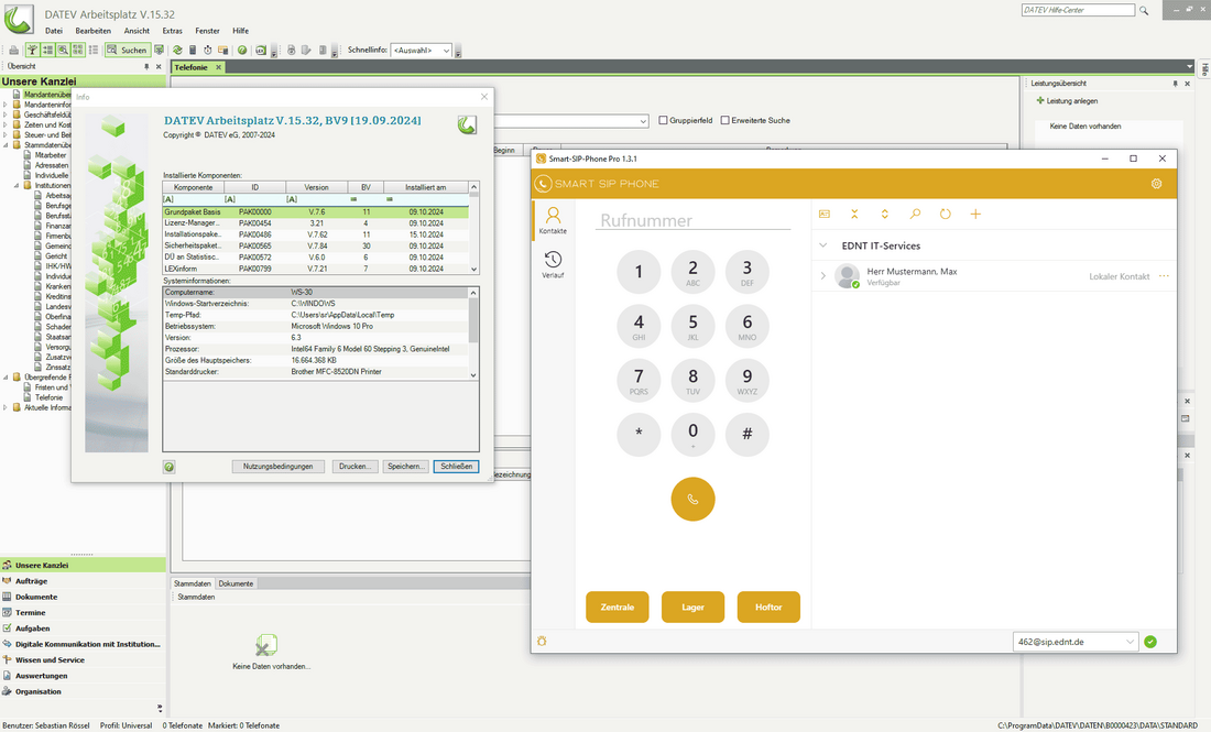 Screenshot der DATEV-Arbeitsplatz-Oberfläche mit geöffnetem acall Smart-SIP-Phone – CTI-Integration für direkte Anrufsteuerung und Mandantenidentifizierung aus dem DATEV-Client.
