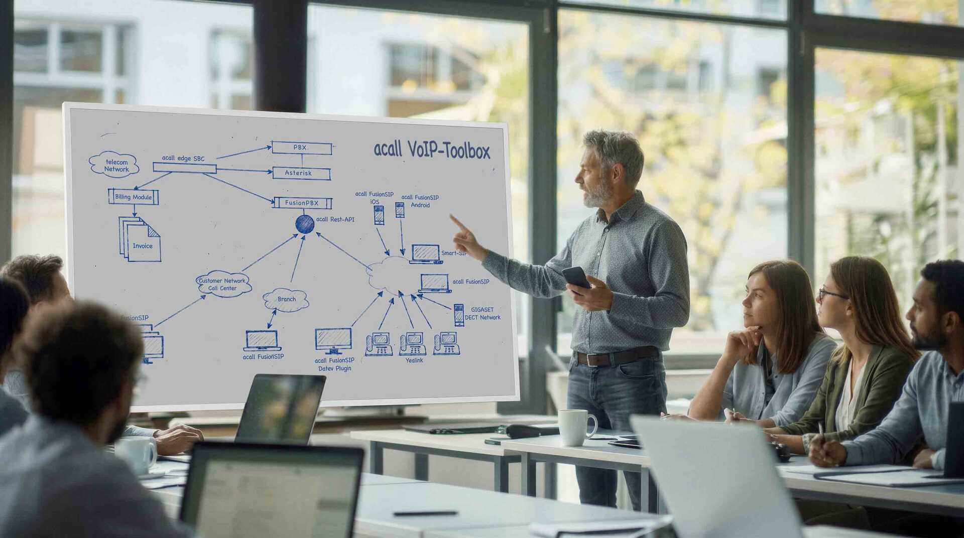 Trainer erklärt das acall VoIP-Toolbox-Netzwerkdiagramm vor einer Gruppe von IT-Fachleuten im Schulungsraum.