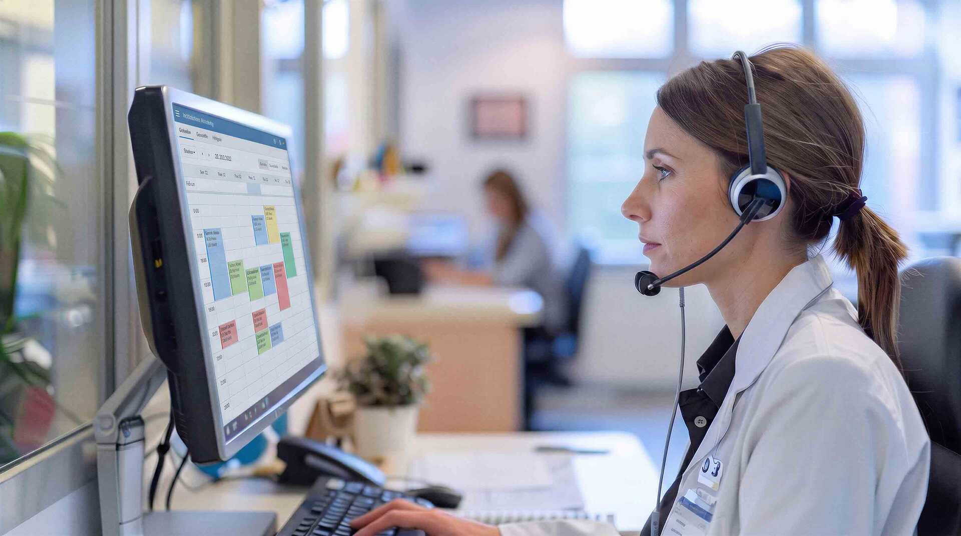 Medizinische Fachangestellte mit Headset arbeitet an einem Praxis-Computer mit farbigem Terminkalender und IP-Telefon auf dem Schreibtisch.