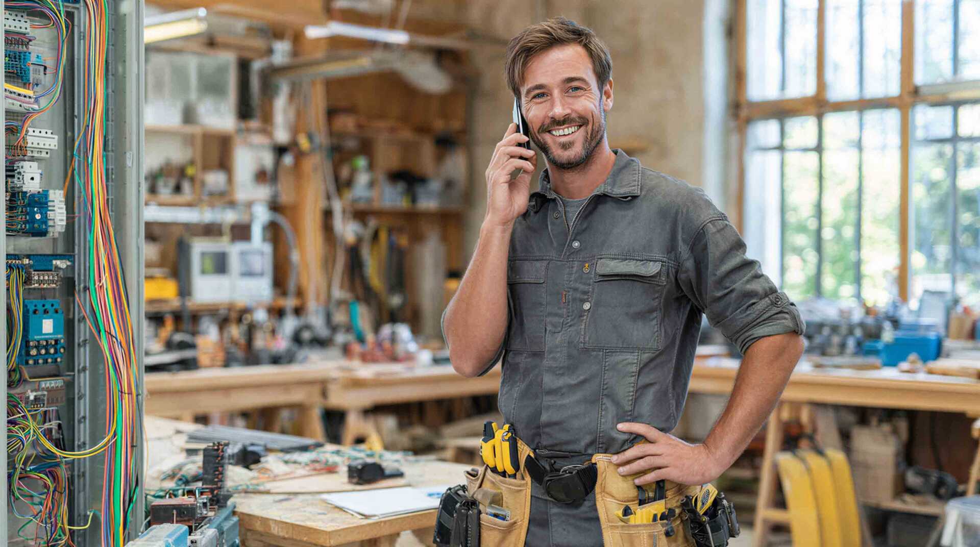 Lächelnder Handwerker mit Werkzeuggürtel telefoniert mit einem Smartphone neben einem Elektroschaltkasten in einer Werkstatt.