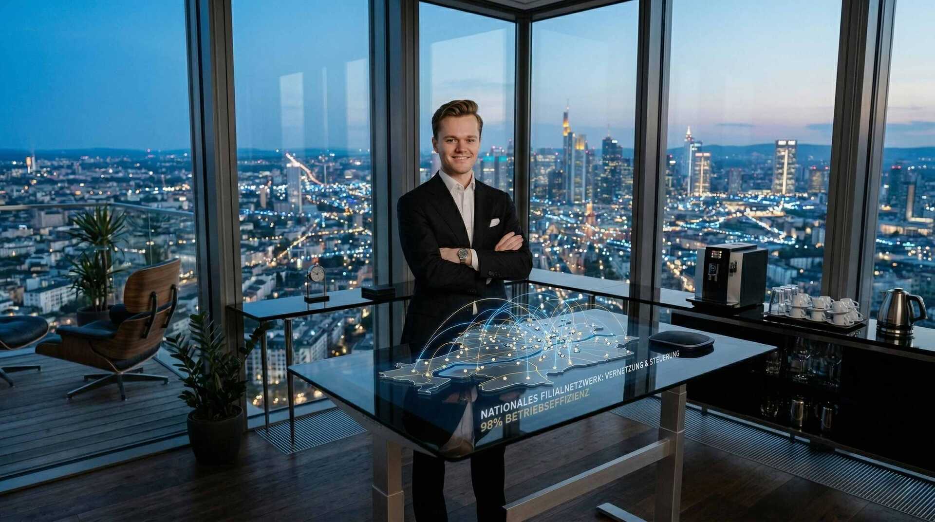 Selbstbewusster Geschäftsmann im Anzug vor einem holografischen Netzwerk-Dashboard auf einem Glastisch mit nächtlichem Stadtpanorama im Hintergrund.