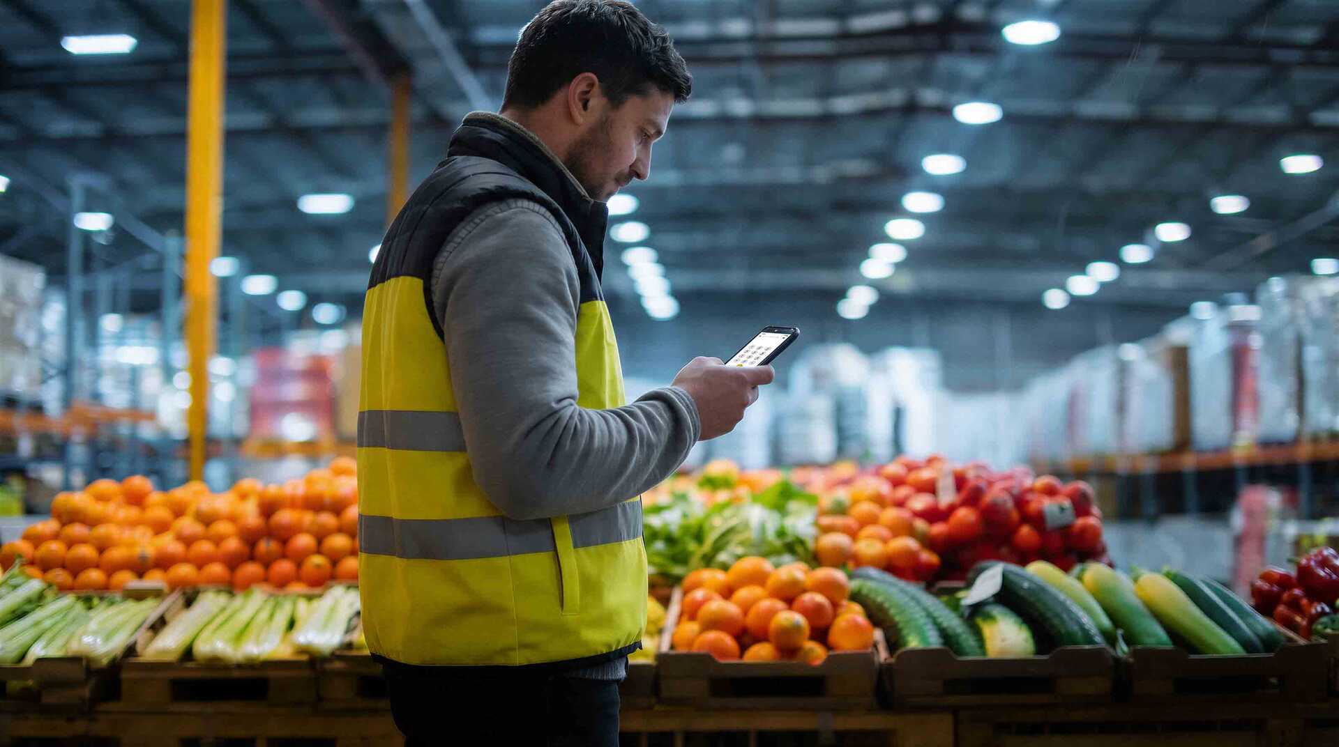 Lagerarbeiter in gelber Sicherheitsweste blickt auf ein Smartphone vor einem Gemüse- und Obstdisplay in einer großen Lebensmittelgroßhandelshalle.