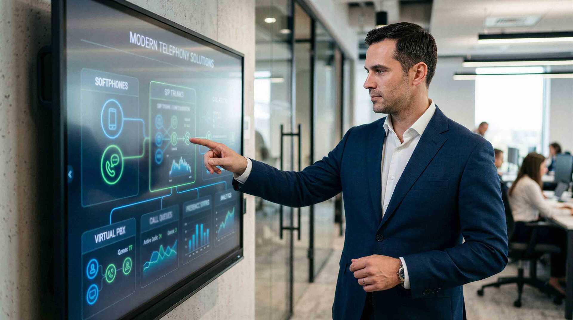 Geschäftsmann bedient einen großen Touchscreen mit einem Übersichts-Dashboard moderner Telefonielösungen, darunter Softphones, Virtual PBX und Call Distribution.